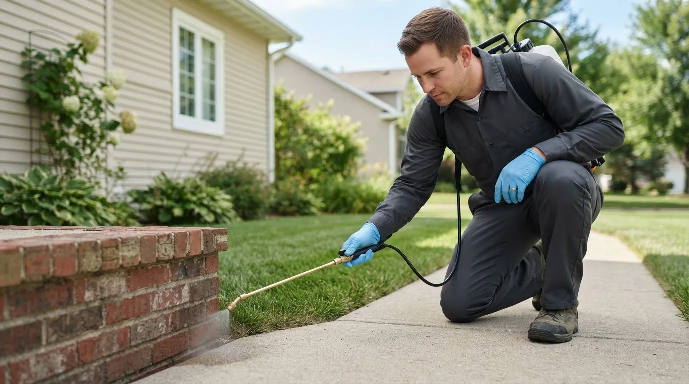 Pest control technician treating a home near Bristol, VT